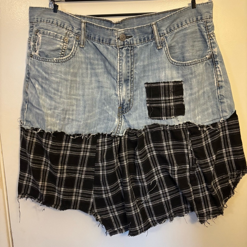 Denim and Plaid Patchwork Skirt